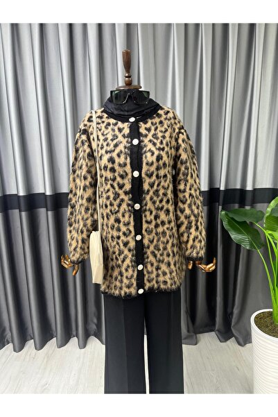 moda acar Leopard Patterned Buttoned Cardigan