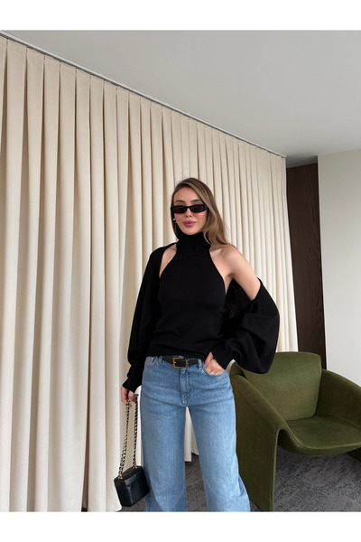 Laluvia Black Knitwear Bolero Set - 601117