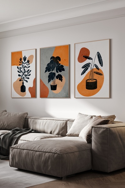 acargrafik Çiçek Tasarımlı 3'lü Doğal Ahşap Çerçeveli Tablo