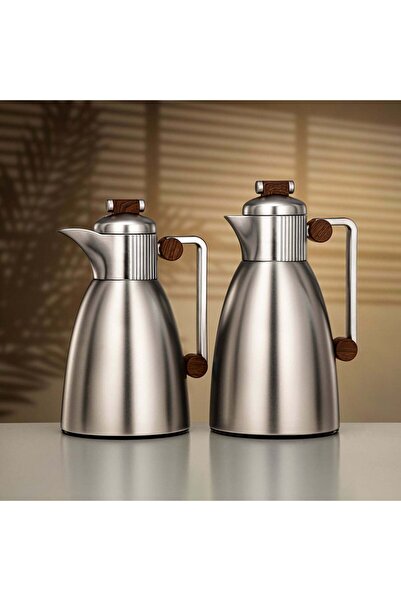 Almarjan Vacuum Flask Set 0.7 L & 1 L Matt Nickel & Dark Wood