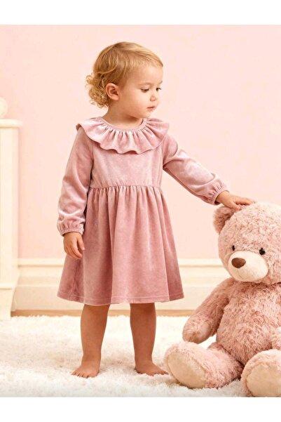 OEM Round neck velvet dress, powder pink, little girls 12-18 months, 86 cm