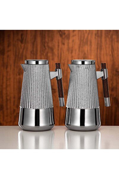 Almarjan Vacuum Flask Set 1 L + 1 L Silver & Matt Dark Wood