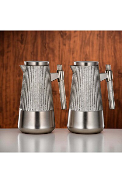 Almarjan طقم ترمس حراري سعة 1 لتر + 1 لتر، لون نيكل مطفي