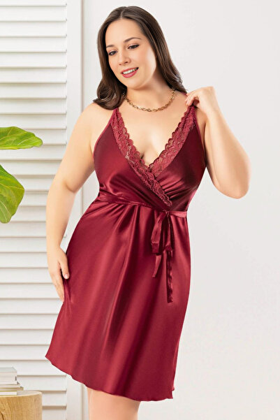 Homay Büyük Beden Dantel Detaylı Yakası Bağcıklı Çapraz Askılı Saten Gecelik