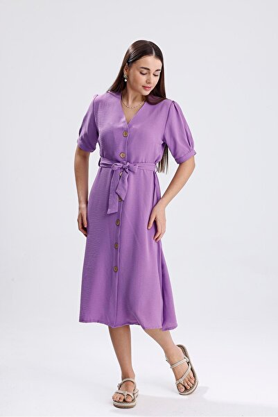 VELİZADE Cămașă de damă liliac cu decolteu în V și nasturi, model rochie midi...