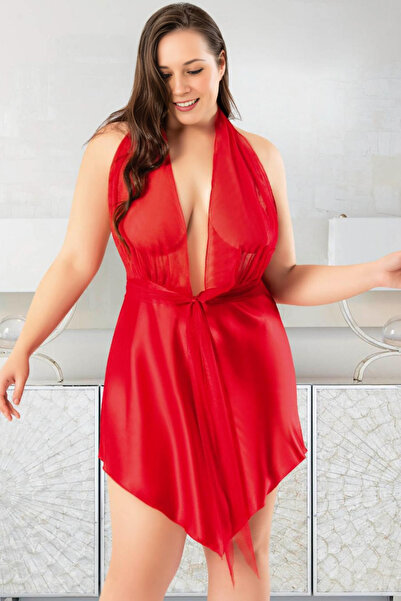 Homay Büyük Beden Tül Gövdeli Bağcıklı Derin Dekolteli Halter Yaka Saten Gecelik