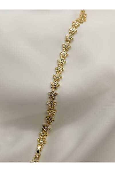 Home Zirkon Taşlı Yıldız Model Kadın Bileklik | 14K Çelik Üzeri Çift Altın Ka...