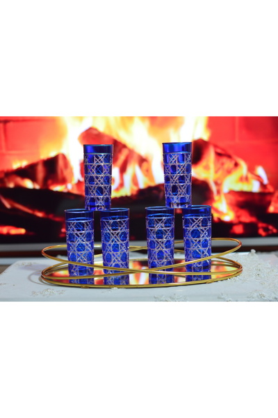 CAM MAVİ RENK 6'LI KRİSTAL KESME İŞLEMELİ KAHVE YANI BARDAK