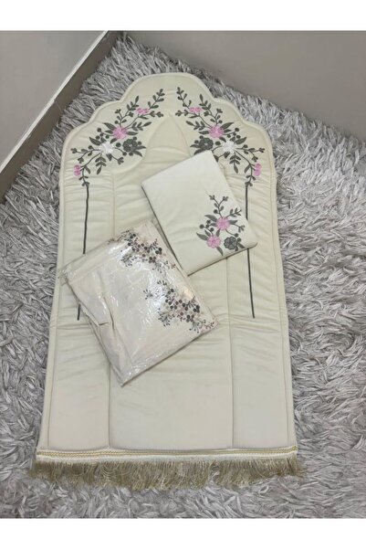 Greenko Embroidered prayer rug set with embroidered prayer mat in beige - Ram...
