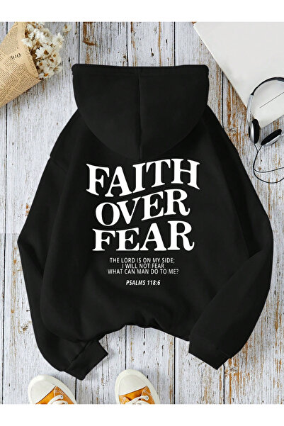 Marco Fresco Unisex Φούτερ με κουκούλα με στάμπα Faith Over Fear, Oversize, α...