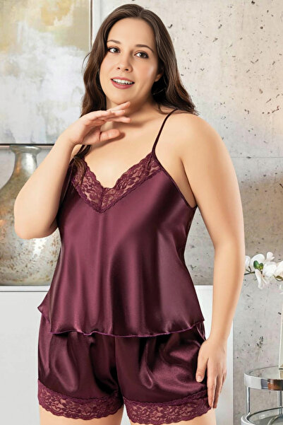 Homay 2'li Büyük Beden Güpür Kenarlıklı Şortlu Saten Pijama Takımı