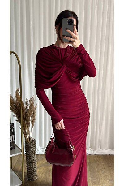 İZYA Draped Double-Breasted Long Evening Dress
