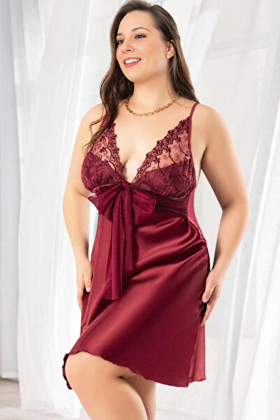 Homay Büyük Beden Göğsü Dantelli Tül Fiyonklu Sırt Dekolteli Saten Gecelik