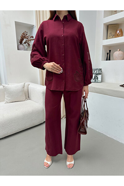 MİA NOURA Women's Shirt with Beaded Embroidery on Front and Sleeves, Pants an...