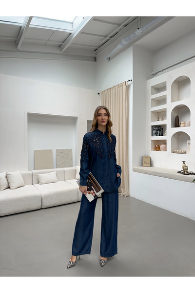 MİA NOURA Women's Denim Fabric Front and Sleeves with Bead Working, Laser Cut...