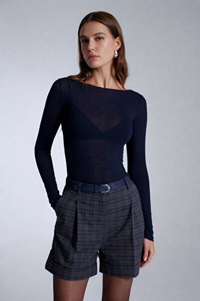 Gaus Navy Blue Boat Neck Equivalent Cashmere Textured See-Through Blouse Gaus...