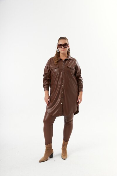 Truva XXL Plus Size Brown Faux Leather Tunic Shirt