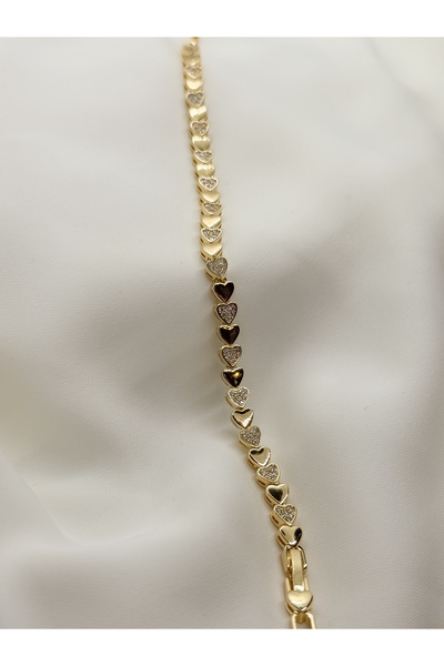 Home Zirkon Taşlı Kalp Model Kadın Bileklik | 14K Çelik Üzeri Çift Altın Kaplama