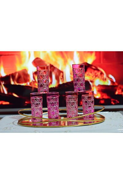 CAM PEMBE RENK 6'LI KRİSTAL KESME İŞLEMELİ KAHVE YANI BARDAK