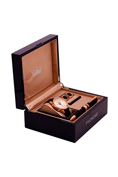 phoneme Funim Men's Black and Copper Leather Watch Set