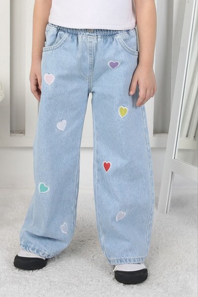 Moonch Girl's Heart Embroidered Wide Leg Jeans - Light Blue Wide Leg Jeans