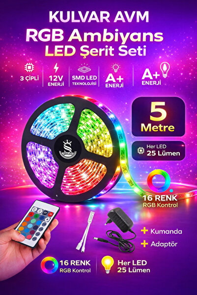 KULVARAVM Led 5 Mt Şerit Animasyonlu Tak Çalıştır Kumandalı Trafolu Rgb Şerit...