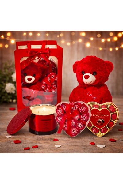 velve Special Valentine Package, 25 cm teddy bear, candle, pralines, heart bo...