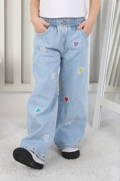 Moonch Girl's Heart Embroidered Wide Leg Jeans - Light Blue Wide Leg Jeans