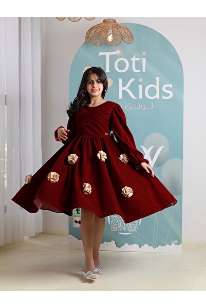 Totikids Girls' burgundy velvet dress with raised flowers | Luxurious winter ...