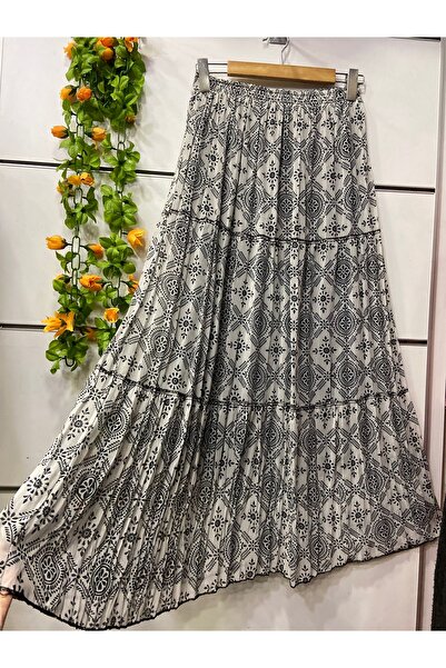 edu collection Ethnic Patterned Layered Chiffon Skirt with Lining