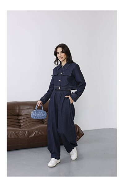 Elif Özbey Butik Lacivert Paçası Çıtçıt Detaylı Denim Takım
