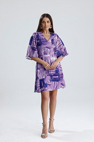 VELİZADE Rochie de damă cu model liliac, cu decolteu în V, model evazat, supr...