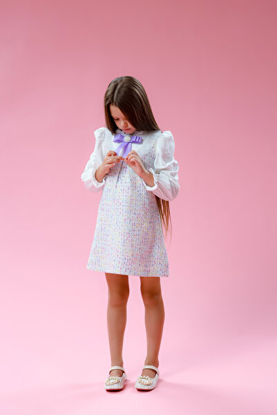 kiddos.ro Girls' tweed dress with puff sleeves and bow, Charm