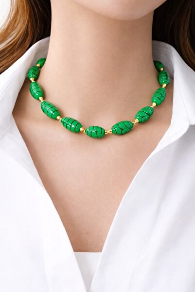 Sinem Şanlı Atelier Energetic Red Natural Green Glass Bead Design Necklace Go...