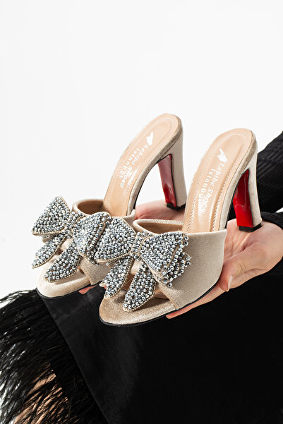 Lebibe Shoes Seravia Women's Beige Velvet Stone Bow 9 cm Heeled Evening Dress...