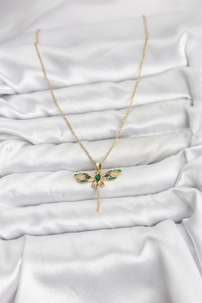 shopwave 316L Çelik Zincir Gold Renk Yusufçuk Model Zirkon Taşlı Kadın Kolye