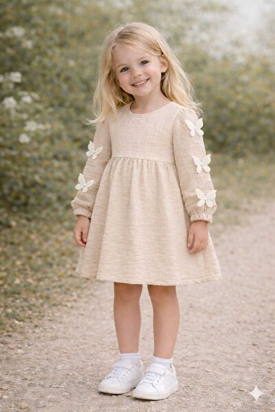 BEBEĞİME ÇORAP Transitional Girls' Muslin Dress with Butterfly Sleeves