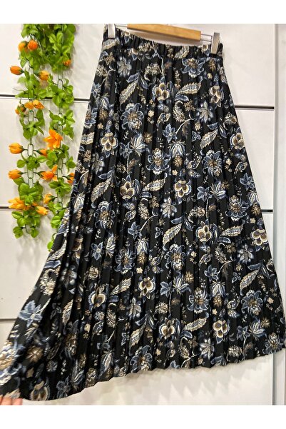 edu collection Çiçek desenli krep pileli etek astarlı siyah