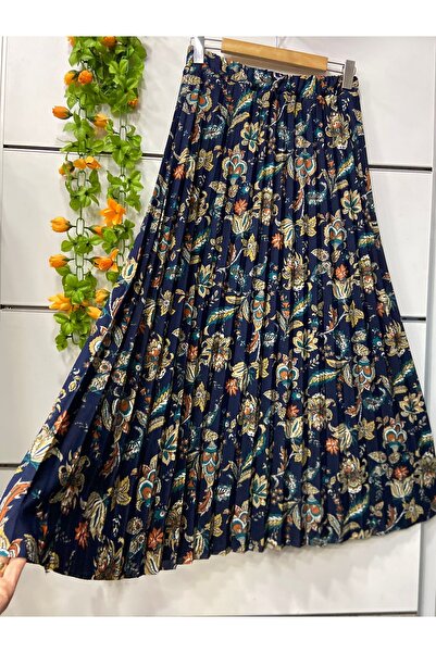 edu collection Floral Patterned Crepe Pleated Skirt with Lining