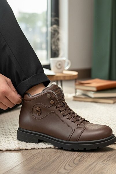 enoch حذاء إينوك للرجال من الجلد الطبيعي والفراء مع أربطة باللون البني