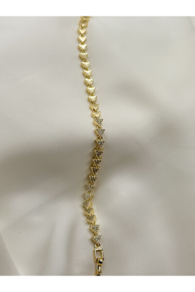 Home Zirkon Taşlı Sıralı Üçgen Kadın Bileklik | 14K Çelik Üzeri Çift Altın Ka...