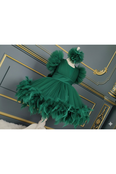 Star Kids Girl's Emerald Green Feathered Dress, Girl's Graduation Dress, Buck...