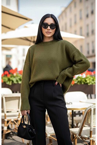 MODA İSTAN kadın bisiklet yaka oversize haki triko kazak