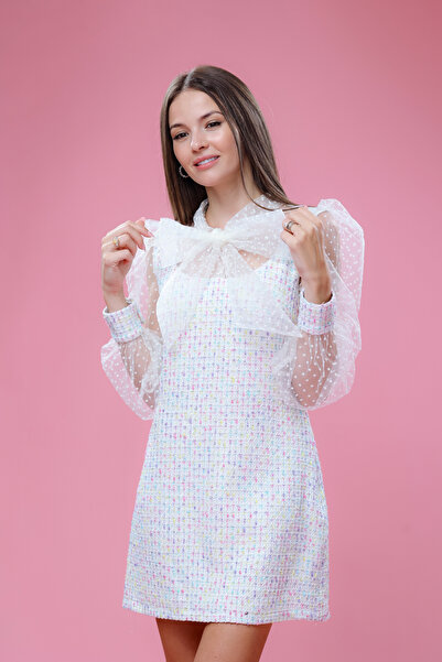 kiddos.ro Women's tweed dress with puff sleeves and bow, Charm