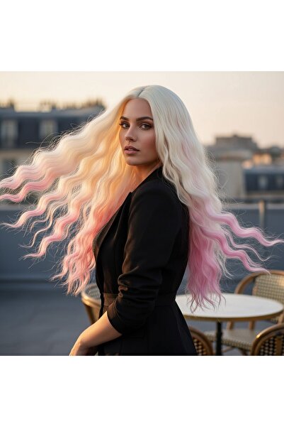 Handmade açık platin pembe ombreli ultra gür ısıya dayanıklı tam peruk 1.sını...