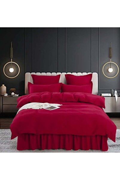 JOJO Set Bed Linen Cotton Finet with Ruffles, 6 Pieces, Double Bed, Dark Red
