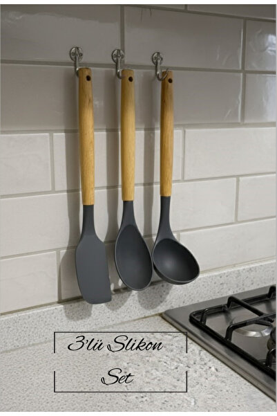 EVİMDM 3'lü Ahşap Saplı Silikon Mutfak Servis Seti – Isıya Dayanıklı