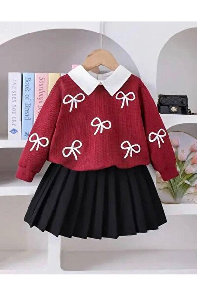 Pinkitokids Ribbon Embroidered Transitional Blouse and Pleated Skirt Girl's S...