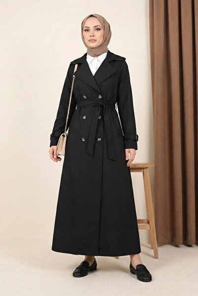 MODAQU Apolet Detailed Pocketed Long Trench Coat - Black