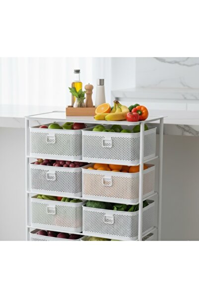 Buclee 8 Bölmeli 4 Katlı Tekerlekli Beyaz Metal Sebzelik - Modern Mutfak ve K...